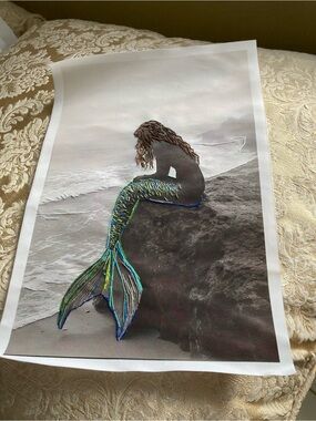 Embroidered Mermaid Wall Art - Blue & Green Tail